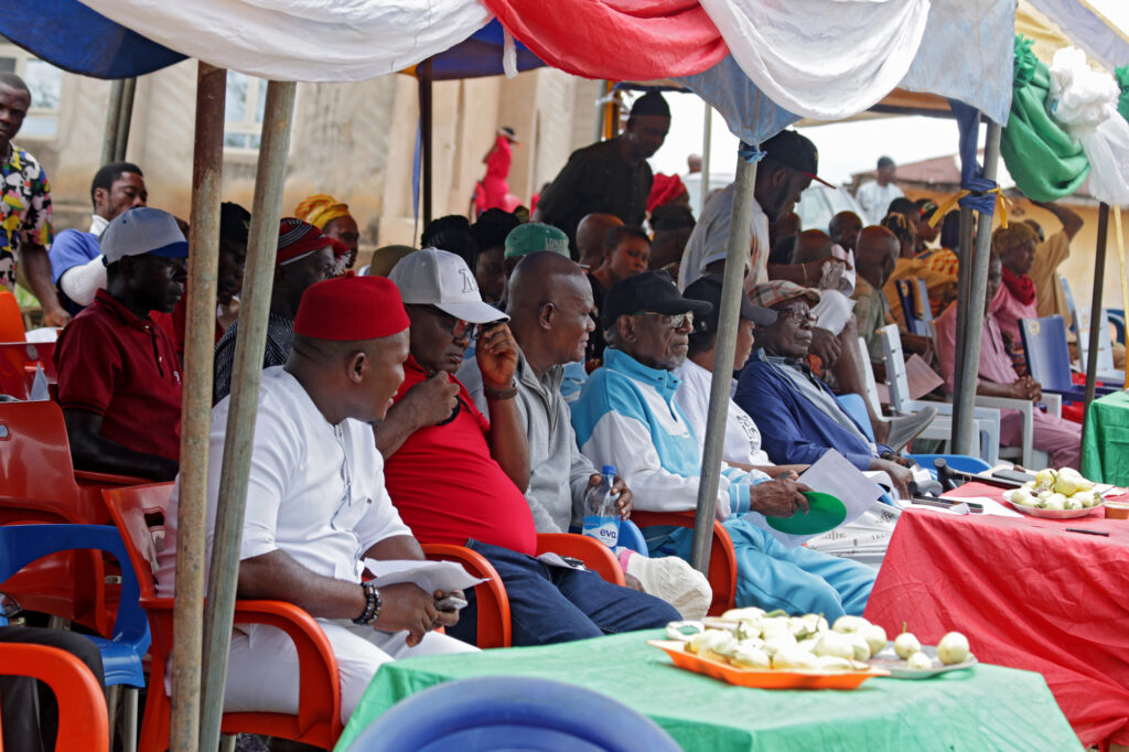 Hon. Emmanuel Nwankwo-Councillor of the Bende Ward, Council members and the Eze of Okporenyi Community present at the inauguration of the Okporoenyi Community Connectivity Hub.