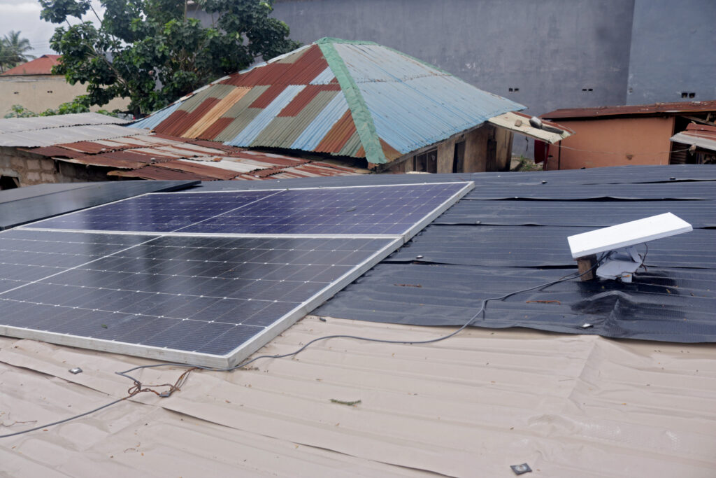 Installed solar panels and the Starlink kit mounted on the roof of the Abalabi Community Self-Built Connectivity Hub.